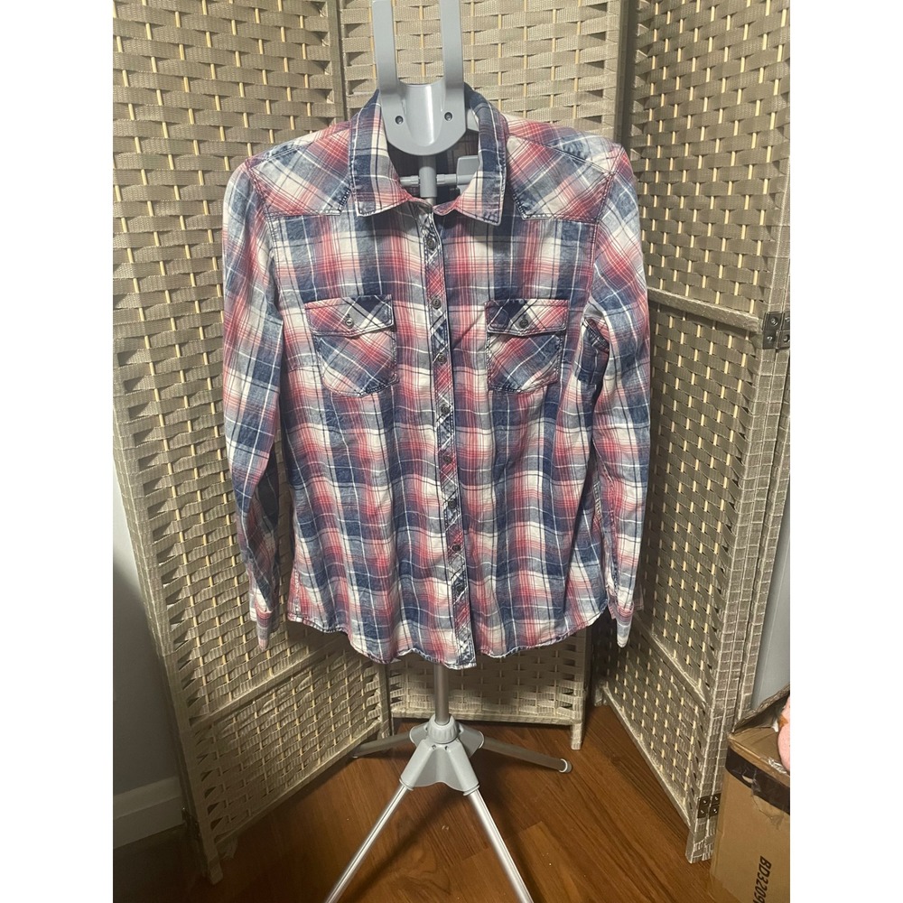 Orvis Mens Red White Blue Plaid Western Yoke Cotton Button Down Shirt Large L